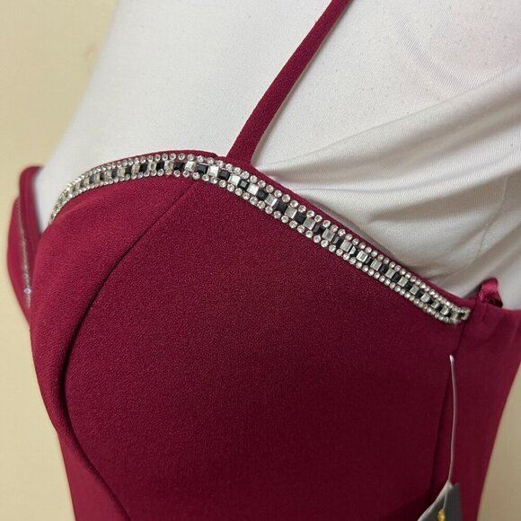 City Studio Junior's Rhinestone-Trim Bodycon Dress Sz 5/6 in Red Burgundy - Picture 8 of 12